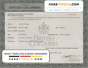 Canada British Columbia death certificate template in PSD format