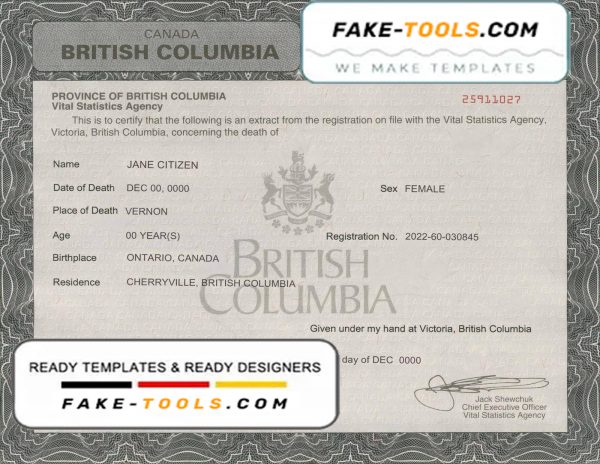 Canada British Columbia death certificate template in PSD format