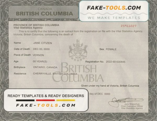 Canada British Columbia death certificate template in PSD format