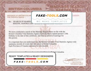 Canada British Columbia marriage certificate template in PSD format
