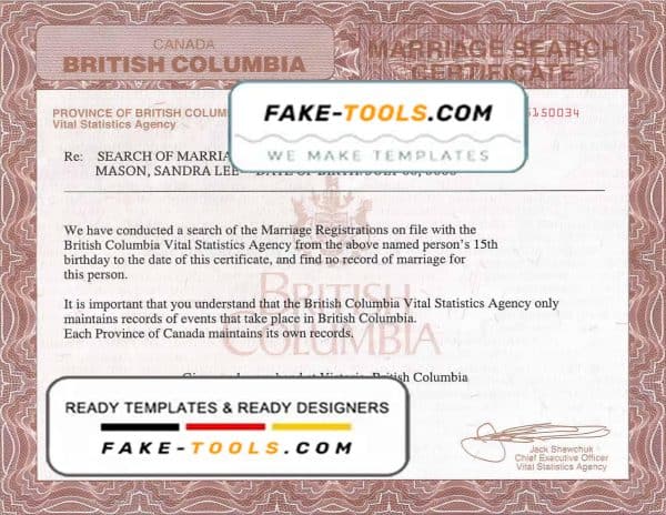 Canada British Columbia marriage certificate template in PSD format