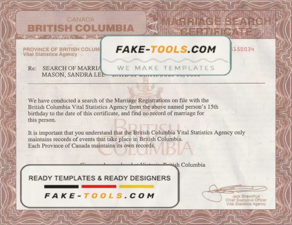 Canada British Columbia marriage certificate template in PSD format