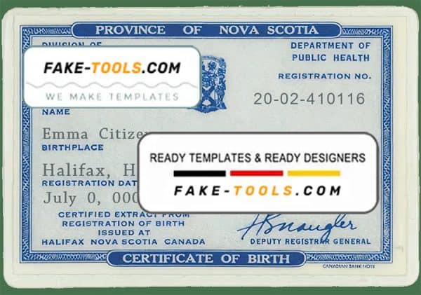 Canada Province of Nova Scotia birth certificate template in PSD format