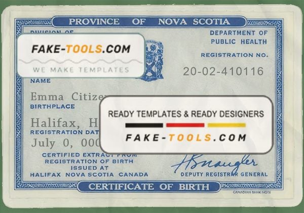 Canada Province of Nova Scotia birth certificate template in PSD format