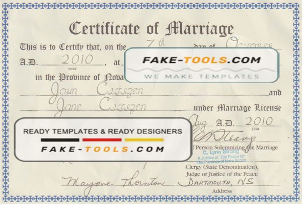 Canada Province of Nova Scotia marriage certificate template in PSD format