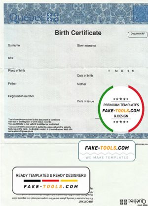 Canada Quebec Birth Certificate template in PSD format