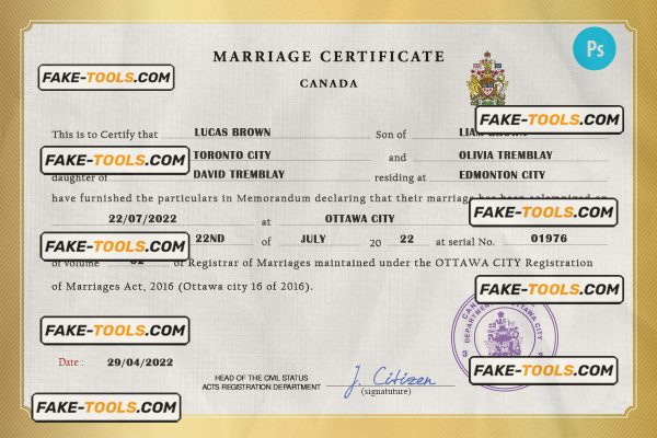 Canada marriage certificate PSD template, fully editable