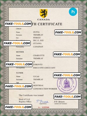 Canada vital record birth certificate PSD template, completely editable