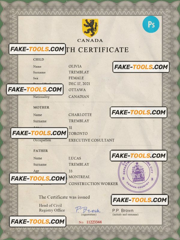 Canada vital record birth certificate PSD template, completely editable