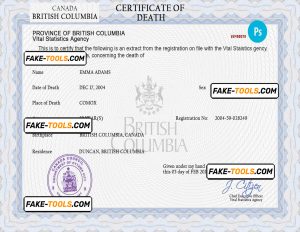 Canada vital record death certificate PSD template, fully editable