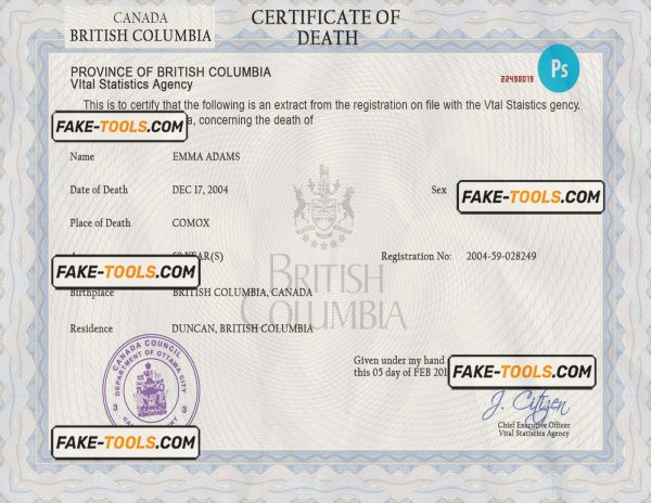 Canada vital record death certificate PSD template, fully editable