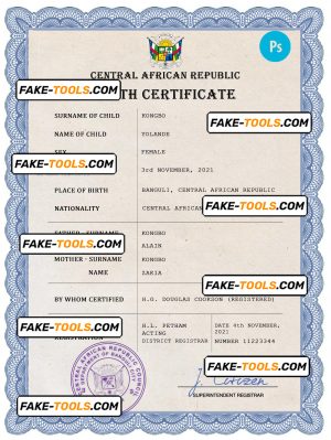 Central African Republic birth certificate PSD template, completely editable