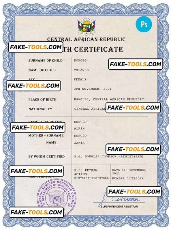 Central African Republic birth certificate PSD template, completely editable