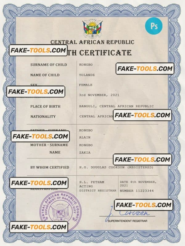 Central African Republic birth certificate PSD template, completely editable