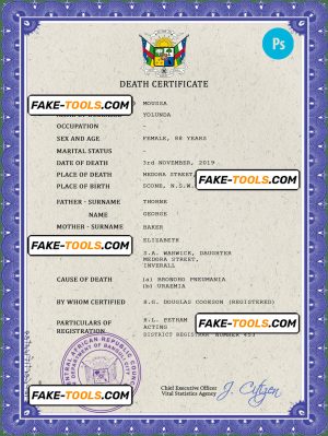 Central African Republic death certificate PSD template, completely editable