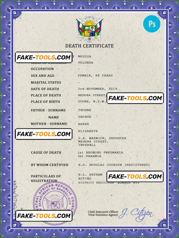 Central African Republic death certificate PSD template, completely editable