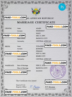 Central African Republic marriage certificate PSD template, completely editable