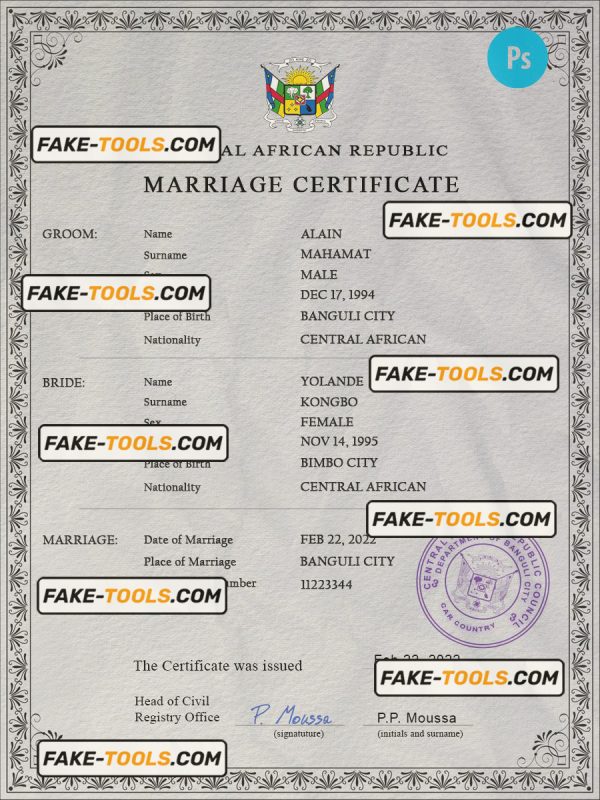Central African Republic marriage certificate PSD template, completely editable