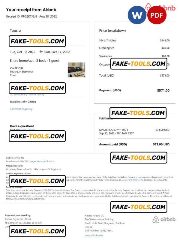 Chad Airbnb booking confirmation Word and PDF template