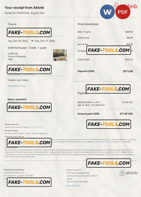 Chad Airbnb booking confirmation Word and PDF template scan effect