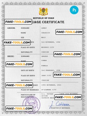 Chad marriage certificate PSD template, fully editable