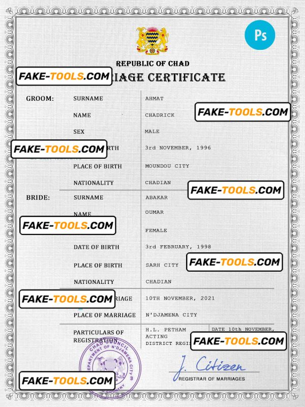 Chad marriage certificate PSD template, fully editable
