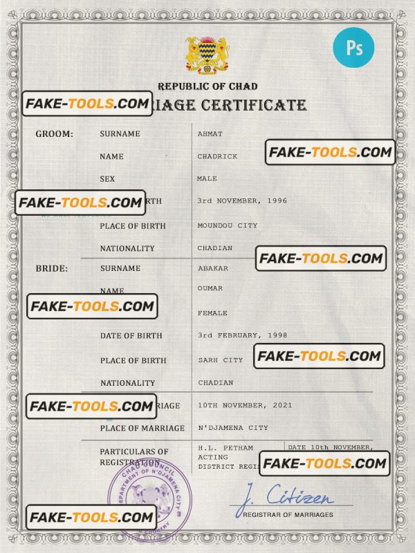Chad marriage certificate PSD template, fully editable