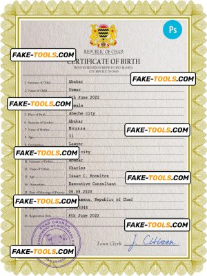 Chad vital record birth certificate PSD template, fully editable