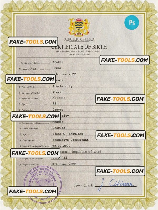 Chad vital record birth certificate PSD template, fully editable