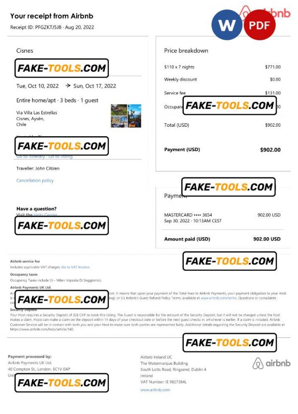 Chile Airbnb booking confirmation Word and PDF template
