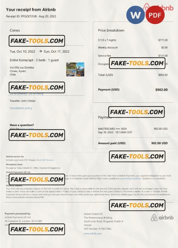 Chile Airbnb booking confirmation Word and PDF template scan effect