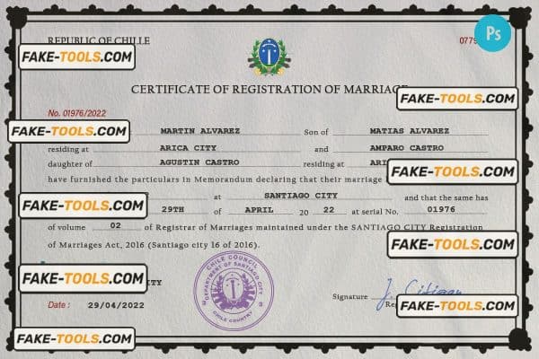 Chile marriage certificate PSD template, completely editable