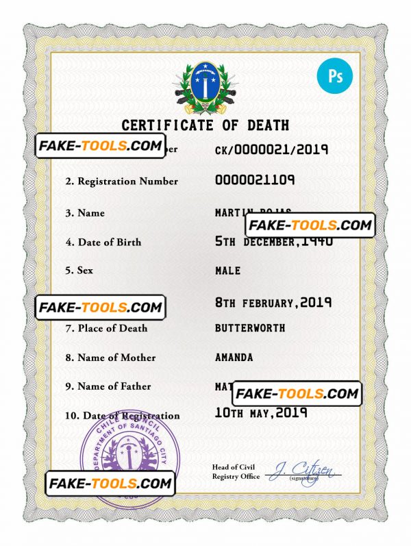 Chile vital record death certificate PSD template