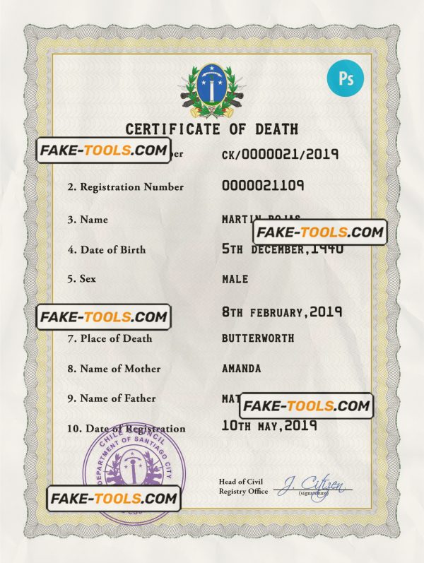 Chile vital record death certificate PSD template