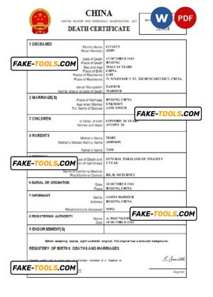 China vital record death certificate Word and PDF template