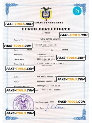 Colombia birth certificate PSD template, completely editable