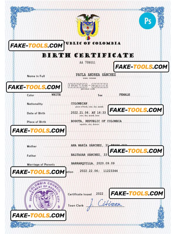 Colombia birth certificate PSD template, completely editable