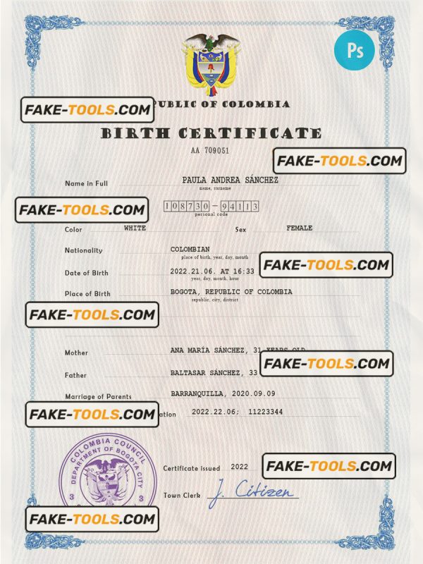 Colombia birth certificate PSD template, completely editable
