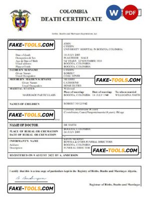 Colombia death certificate Word and PDF template, completely editable
