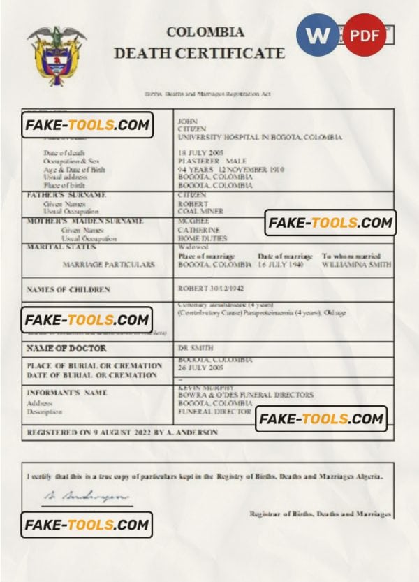 Colombia death certificate Word and PDF template, completely editable