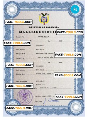 Colombia marriage certificate PSD template, fully editable