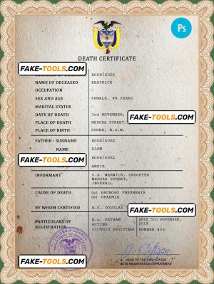Colombia vital record death certificate PSD template, fully editable