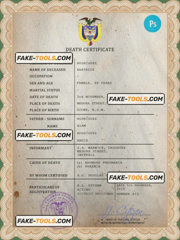 Colombia vital record death certificate PSD template, fully editable