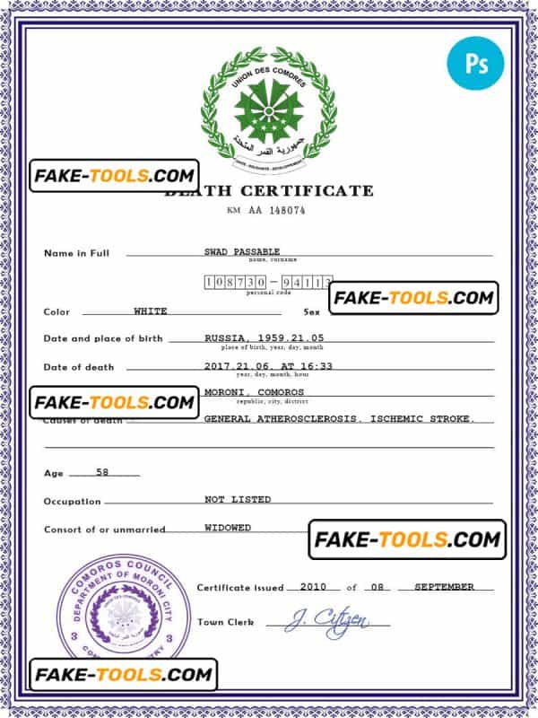 Comoros death certificate PSD template, completely editable