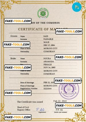 Comoros marriage certificate PSD template, completely editable