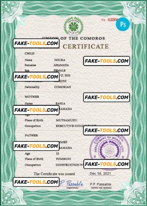Comoros vital record birth certificate PSD template, fully editable