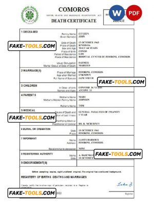 Comoros vital record death certificate Word and PDF template