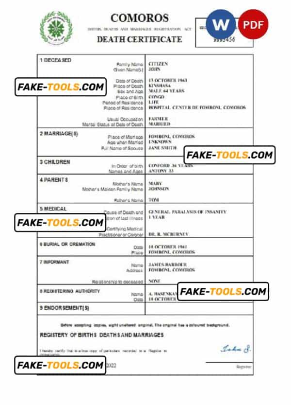 Comoros vital record death certificate Word and PDF template