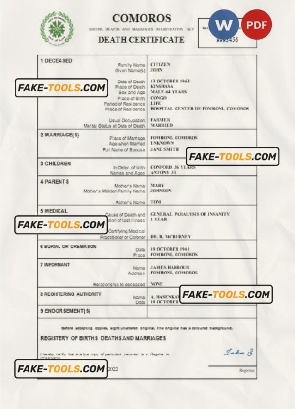 Comoros vital record death certificate Word and PDF template