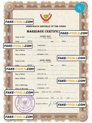 Congo Democratic Republic marriage certificate PSD template, fully editable